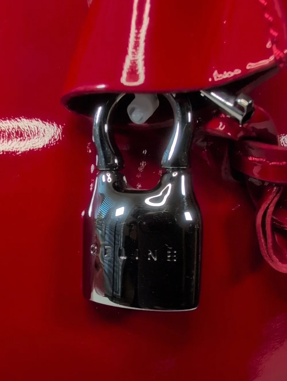 Celine Red Patent Leather Tote Bag With Padlock